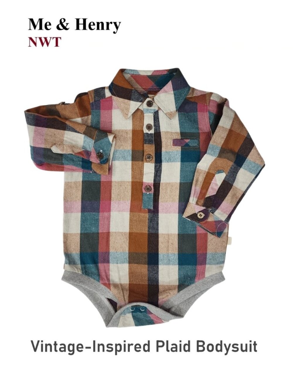 Multi-color Plaid Woven Long-sleeve Bodysuit Onesie by Me & Henry | NWT 12/18M